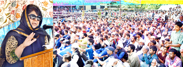 Chief Minister Mehbooba Mufti addressing a public meeting at Tanghdar on Tuesday. Chief Minister Mehbooba Mufti addressing a public meeting at Tanghdar on Tuesday.