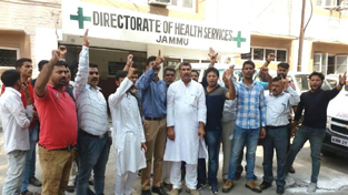 JKNPP leaders and workers during a protest in front of the office of Director Health, Jammu. JKNPP leaders and workers during a protest in front of the office of Director Health, Jammu.