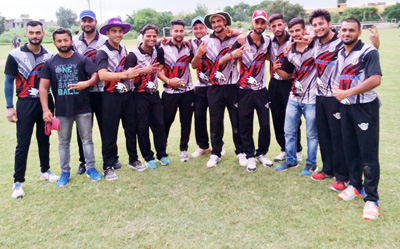 Players of KC Sports Club showing victory signs after winning the quarterfinal match against star-studded Kishan Chand Cricket Club at Jammu on Wednesday. Players of KC Sports Club showing victory signs after winning the quarterfinal match against star-studded Kishan Chand Cricket Club at Jammu on Wednesday.