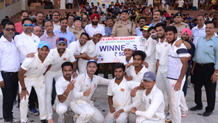 Jubilant KCCC players posing alongwith chief guest after clinching SCA T20 title in Jammu on Wednesday. Jubilant KCCC players posing alongwith chief guest after clinching SCA T20 title in Jammu on Wednesday.