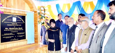 Chief Minister Mehbooba Mufti laying foundation stone of a development work at Tanghdar on Tuesday. Chief Minister Mehbooba Mufti laying foundation stone of a development work at Tanghdar on Tuesday.