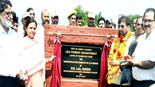 Minister for Forests, Ch Lal Singh laying foundation stone of tourism works at Basohli on Saturday. Minister for Forests, Ch Lal Singh laying foundation stone of tourism works at Basohli on Saturday.