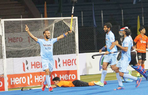 Indian players celebrate after scoring a winning goal against Malaysia in the final at Dhaka on Sunday. Indian players celebrate after scoring a winning goal against Malaysia in the final at Dhaka on Sunday.