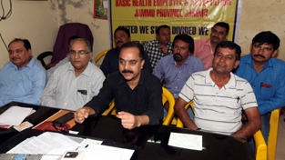 JKBHEA president, Pawan Singh Jamwal, addressing a press conference at Jammu. -Excelsior/Rakesh JKBHEA president, Pawan Singh Jamwal, addressing a press conference at Jammu. -Excelsior/Rakesh