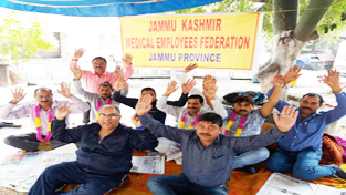 JKMEF members from block Pallanwala sitting on chain hunger strike in the premises of DHS Jammu. JKMEF members from block Pallanwala sitting on chain hunger strike in the premises of DHS Jammu.