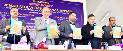 Minister for Tech Edu and Sports, Imran Raza Anasari and other dignitaries releasing College Magazine at SKIMS in Srinagar. Minister for Tech Edu and Sports, Imran Raza Anasari and other dignitaries releasing College Magazine at SKIMS in Srinagar.
