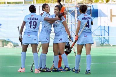 Indian women hockey players celebrating victory against China on Sunday. Indian women hockey players celebrating victory against China on Sunday.