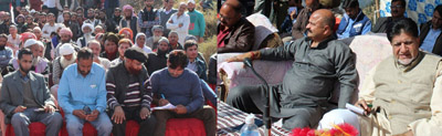 Minister for Animal Husbandry, Abdul Gani Kohli alongwith BJP vice president Yudhvir Sethi addressing a public meeting at Rajouri on Sunday. Minister for Animal Husbandry, Abdul Gani Kohli alongwith BJP vice president Yudhvir Sethi addressing a public meeting at Rajouri on Sunday.