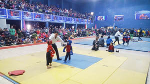 Young Wushu players ready for the competition at Indooor complex in MA Stadium on Thursday. Young Wushu players ready for the competition at Indooor complex in MA Stadium on Thursday.
