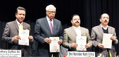 Governor N N Vohra and Ministers releasing ‘Towards Digital Revolution’ publication of FCS&CA Deptt at Gen Zorawar Singh Auditorium, Jammu. Governor N N Vohra and Ministers releasing ‘Towards Digital Revolution’ publication of FCS&CA Deptt at Gen Zorawar Singh Auditorium, Jammu.
