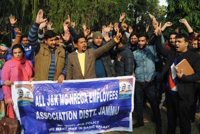 MGNREGA employees during a protest in Jammu. MGNREGA employees during a protest in Jammu.
