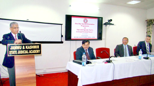 Chief Justice of J&K High Court Justice Badar Durrez Ahmed addressing judicial officers during orientation programme at State Judicial Academy, Jammu on Saturday. Chief Justice of J&K High Court Justice Badar Durrez Ahmed addressing judicial officers during orientation programme at State Judicial Academy, Jammu on Saturday.