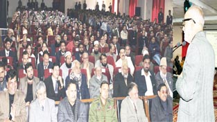 Minister for Public Works Naeem Akhtar addressing a gathering on 13th Foundation Day celebrations of BGSBU at Rajouri. Minister for Public Works Naeem Akhtar addressing a gathering on 13th Foundation Day celebrations of BGSBU at Rajouri.
