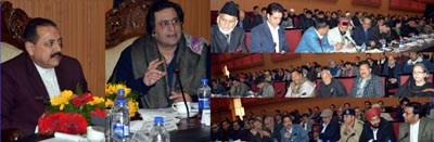 Union Minister Dr Jitendra Singh and Minister for Social Welfare, Sajad Gani Lone chairing a meeting at Jammu. Union Minister Dr Jitendra Singh and Minister for Social Welfare, Sajad Gani Lone chairing a meeting at Jammu.