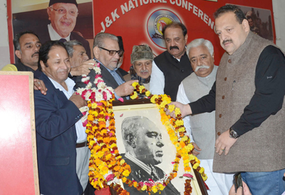 NC leaders paying tributes to Sheikh Mohammad Abdullah on his 112th birth anniversary at Sher-e-Kashmir Bhavan, Jammu on Tuesday. —Excelsior/Rakesh NC leaders paying tributes to Sheikh Mohammad Abdullah on his 112th birth anniversary at Sher-e-Kashmir Bhavan, Jammu on Tuesday. —Excelsior/Rakesh