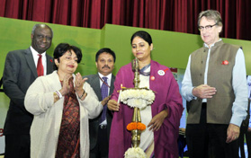 Minister of State for Health & Family Welfare, Anupriya Patel lighting the lamp at the celebration to mark the “World AIDS Day”, in New Delhi on Friday.
