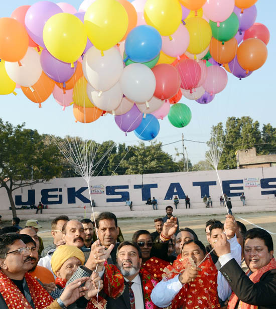 Minister for Education Altaf Bukhari and other dignitaries releasing balloons to declare open 2nd Pt Prem Nath Memorial Gold Cup Football Tournament in Jammu. Minister for Education Altaf Bukhari and other dignitaries releasing balloons to declare open 2nd Pt Prem Nath Memorial Gold Cup Football Tournament in Jammu.
