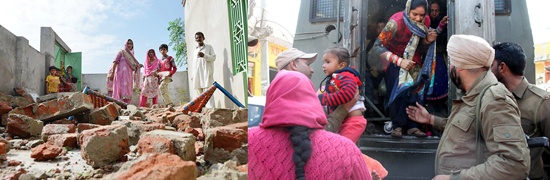 Part of a house flattened by Pak shelling in Hiranagar sector (left) and people being evacuated in a bunker in R S Pura sector on Friday (right). -Excelsior pics by Pradeep & Rakesh Part of a house flattened by Pak shelling in Hiranagar sector (left) and people being evacuated in a bunker in R S Pura sector on Friday (right). -Excelsior pics by Pradeep & Rakesh