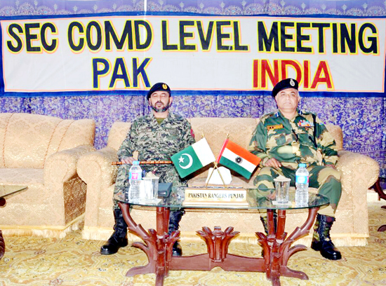 P S Dhiman, DIG BSF Jammu Sector, meeting Brig Amjad Hussain, Sector Commander Chenab Rangers, Sialkot Punjab, Pakistan in Suchetgarh on Thursday. P S Dhiman, DIG BSF Jammu Sector, meeting Brig Amjad Hussain, Sector Commander Chenab Rangers, Sialkot Punjab, Pakistan in Suchetgarh on Thursday.