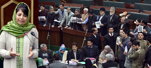 Chief Minister Mehbooba Mufti speaking in the Assembly (left) and Opposition MLAs protesting against Shopian killings (right). -Excelsior/Rakesh Chief Minister Mehbooba Mufti speaking in the Assembly (left) and Opposition MLAs protesting against Shopian killings (right). -Excelsior/Rakesh