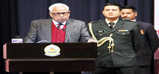 Governor N N Vohra delivering presidential address at Mufti Sayeed Commemoration Day function at Jammu on Monday. Governor N N Vohra delivering presidential address at Mufti Sayeed Commemoration Day function at Jammu on Monday.