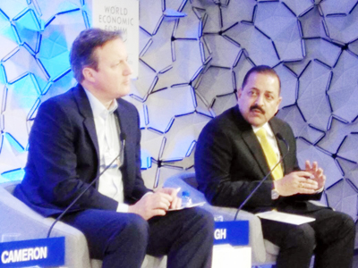 Union Minister Dr Jitendra Singh, flanked by former UK Prime Minister David Cameron, speaking at Panel discussion on topic Union Minister Dr Jitendra Singh, flanked by former UK Prime Minister David Cameron, speaking at Panel discussion on topic