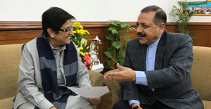 Kiran Bedi, Lieutenant Governor of Puducherry, calling on Union Minister Dr Jitendra Singh, at North Block, New Delhi on Monday. Kiran Bedi, Lieutenant Governor of Puducherry, calling on Union Minister Dr Jitendra Singh, at North Block, New Delhi on Monday.