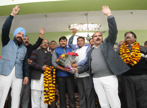 BSP leaders presenting bouquet to Raja Ram, MP Rajya Sabha and co-ordinator of BSP for J&K, during a function at Jammu. BSP leaders presenting bouquet to Raja Ram, MP Rajya Sabha and co-ordinator of BSP for J&K, during a function at Jammu.