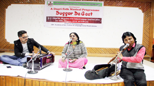 Artists presenting Dogri song during a programme at Jammu on Wednesday. Artists presenting Dogri song during a programme at Jammu on Wednesday.