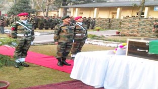 GOC Ace of Spades Division and other ranks laying wreath to pay respect to martyr Naik Jagdish in Rajouri area. GOC Ace of Spades Division and other ranks laying wreath to pay respect to martyr Naik Jagdish in Rajouri area.