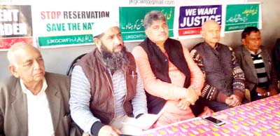 Members of Joint Action Committee and General Category Welfare Forum addressing press conference at Jammu on Monday.Members of Joint Action Committee and General Category Welfare Forum addressing press conference at Jammu on Monday. Members of Joint Action Committee and General Category Welfare Forum addressing press conference at Jammu on Monday.
