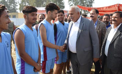 Minister for PHE, Sham Lal Choudhary interacting with players while declaring open Volleyball Tournament on Tuesday. Minister for PHE, Sham Lal Choudhary interacting with players while declaring open Volleyball Tournament on Tuesday.