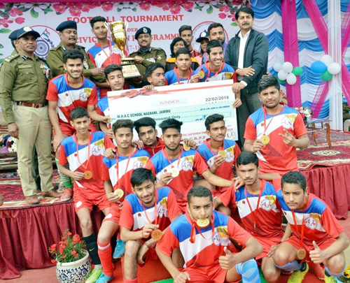 Winners of CRPF Football Tournament posing along with chief guest and other dignitaries in Jammu on Thursday. Winners of CRPF Football Tournament posing along with chief guest and other dignitaries in Jammu on Thursday.