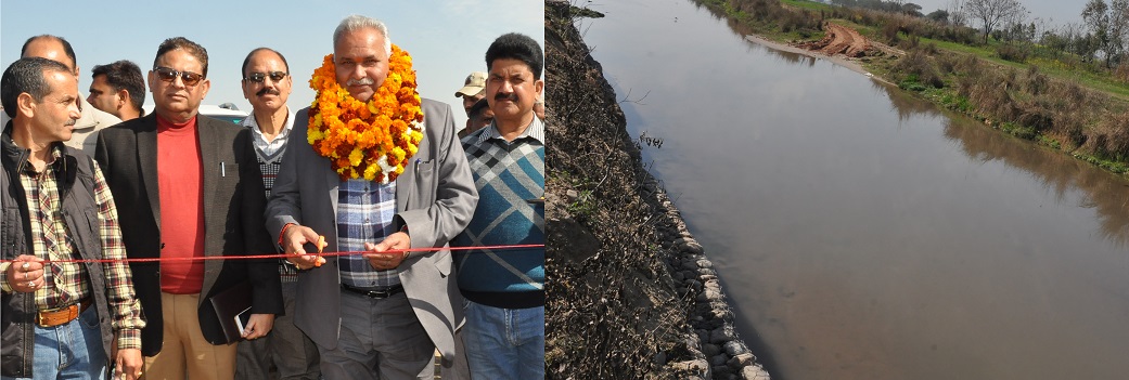 Says Rs. 24.95 cr project envisaged for protection bandhs under FMP JAMMU, FEBRURY 04: Minister for PHE, Irrigation and Flood Control, Sham Lal Choudhary today kick started construction of Flood Protection bandhs at various spots on left and right side of Aik Nallah between Khairi to Sai villages of Bishnah and Suchetgarh . Addressing the gathering, Sham Choudhary said with the implementation of this project the problem being faced by the people living near Aik Nallah will be resolved to a great extent and at the same time the local inhabitants will feel secure . He said that the erection of concrete bandhs along the nallah would also help in saving the agriculture land from flash floods. The government has also envisaged a project of Rs. 24.95 crore under Flood Management Programme (FMP) to address the problem of soil erosion of cultivated land along Aik Nallah. Reiterating the commitment of Government for the development of rural, backward and border areas of the State, the Minister said that work on various developmental projects is going on in Bishnah Constituency. He said that more projects of public importance would also be taken up in near future for the welfare of people of the area. Enroute, various deputations and individuals met the Minister and projected their demands which include installation of Tube wells for irrigation purpose and construction of roads. The Minister assured them that their genuine demands would be addressed on priority. Chief Engineer I& FC Jammu, K K Magotra, SE Hydraulic Circle Jammu, besides sectoral officers and senior engineers of PHE, Irrigation and Flood Control departments accompanied the Minister.