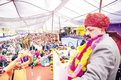 Union Minister Dr Jitendra Singh addressing a public meeting at Ghordi in Chenani Assembly segment of district Udhampur on Tuesday. Union Minister Dr Jitendra Singh addressing a public meeting at Ghordi in Chenani Assembly segment of district Udhampur on Tuesday.