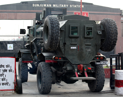 Army moves a bullet-proof vehicle inside Sunjuwan Military Station for operation against militants on Saturday. Another pic on page no. 5. —Excelsior/Rakesh Army moves a bullet-proof vehicle inside Sunjuwan Military Station for operation against militants on Saturday. Another pic on page no. 5. —Excelsior/Rakesh