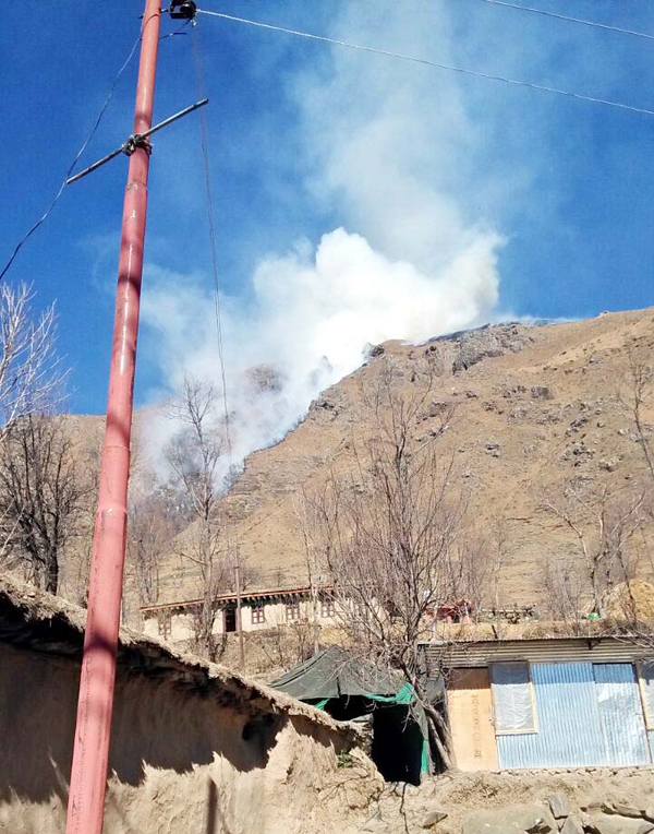 A mortar shell explodes in Shahpur area of Poonch on Sunday. A mortar shell explodes in Shahpur area of Poonch on Sunday.