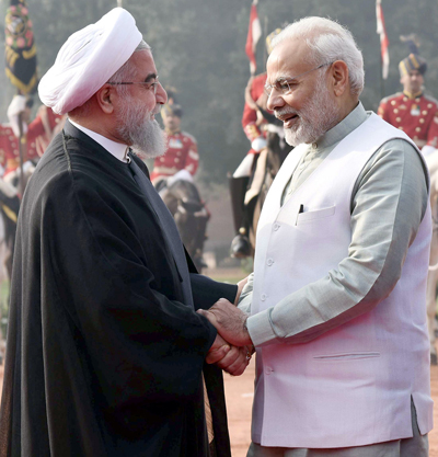 President of Iran, Dr Hassan Rouhani being received by Prime Minister Narendra Modi at Rashtrapati Bhavan in New Delhi on Saturday.