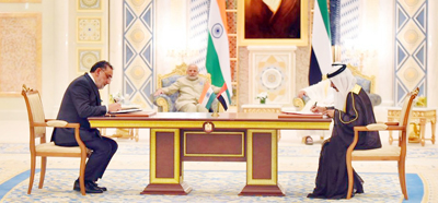 MoU being signed by Finance Minister Dr Haseeb Drabu and Dubai Ports Chairman Sultan Ahmed Bin Sulayem in presence of PM Narendra Modi and Crown Prince of Abu Dhabi Mohd Bin Zayed Al Nahyan at Abu Dhabi. MoU being signed by Finance Minister Dr Haseeb Drabu and Dubai Ports Chairman Sultan Ahmed Bin Sulayem in presence of PM Narendra Modi and Crown Prince of Abu Dhabi Mohd Bin Zayed Al Nahyan at Abu Dhabi.