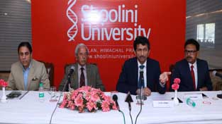 Shoolini University VC and others addressing a press conference at Jammu on Tuesday. Shoolini University VC and others addressing a press conference at Jammu on Tuesday.