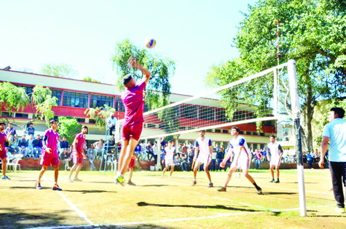 Players in action during a Volleyball match of Sports Tourney organized by DSW Cluster University in Jammu. Players in action during a Volleyball match of Sports Tourney organized by DSW Cluster University in Jammu.