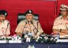 DG CRPF RR Bhatnagar flanked by ADG J&K VSK Kaumudi (L) and IG CRPF Jammu Sector AV Chauhan (R) at a press conference in Jammu on Friday. -Excelsior/Rakesh