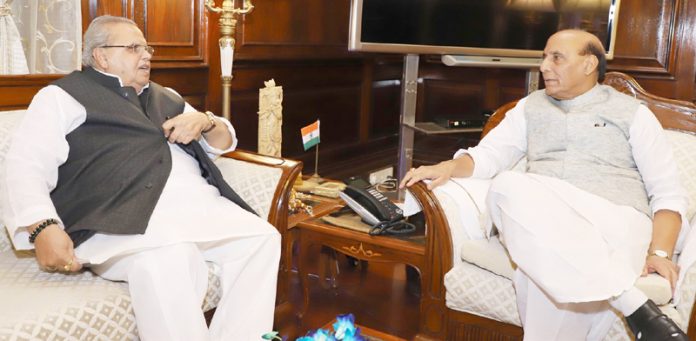 Governor Satya Pal Malik in a meeting with Home Minister Rajnath Singh in New Delhi on Tuesday. Governor Satya Pal Malik in a meeting with Home Minister Rajnath Singh in New Delhi on Tuesday.