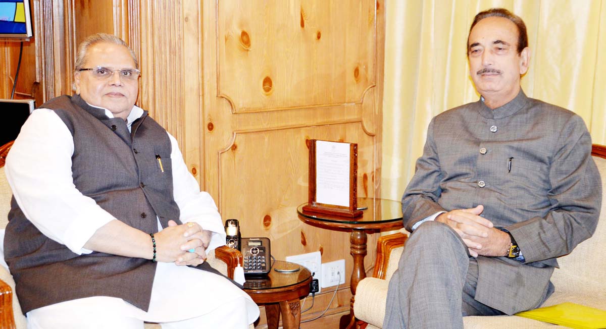 Congress leader Ghulam Nabi Azad in a meeting with Governor Satya Pal Malik in Srinagar on Tuesday. Congress leader Ghulam Nabi Azad in a meeting with Governor Satya Pal Malik in Srinagar on Tuesday.