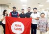 KCPS students along with school representative of Round Square, Sonia Thakur, before leaving for an international conference, at Jammu Airport.