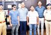 IGP Jammu, Dr SD Singh alongwith other Police Officers posing for a photograph with members of J&K Blind Cricket team.
