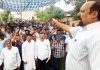 Senior Trade Union leader, Som Nath addressing PHE employees' rally at Udhampur on Monday.