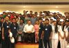 Union Minister Dr Jitendra Singh with students from Samba and Bandipora districts of J&K, at a luncheon hosted by him, at New Delhi on Friday.