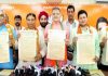 BJP leaders releasing poll manifesto at Jammu on Sunday. -Excelsior/Rakesh