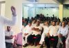 Senior Congress leader Sham Lal Sharma addressing BCC meeting at Akhnoor on Saturday.